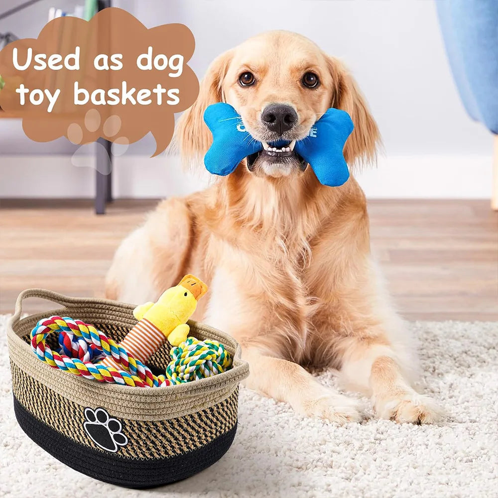 Woven Baskets for Organizing Rope Storage Basket with Handle Cute Cotton Basket for Gift Dog Toy Storage Bins for Toy Organizer
