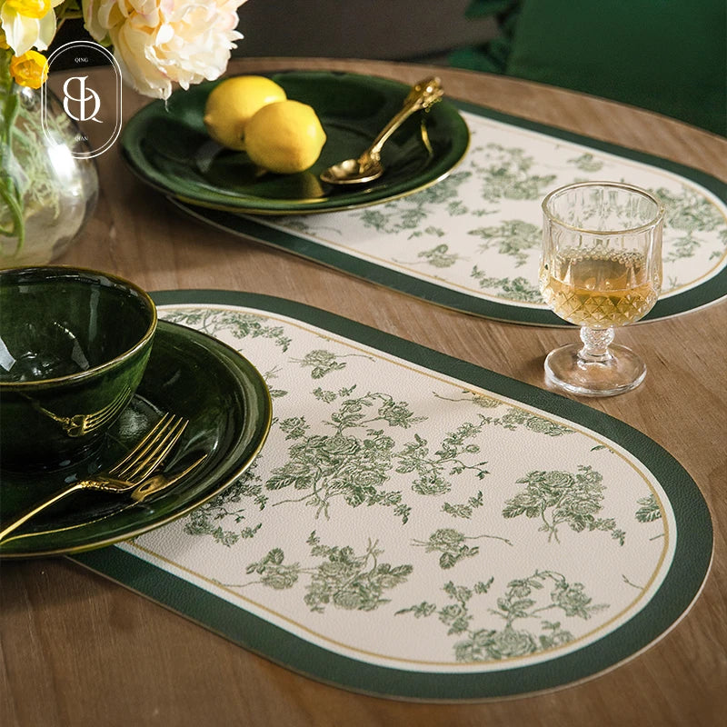 French Leather Placemats for Dining Table,Non-Slip Place Mats,Home Kitchen,Waterproof,Heat Resistant,Insulation Protector,Green