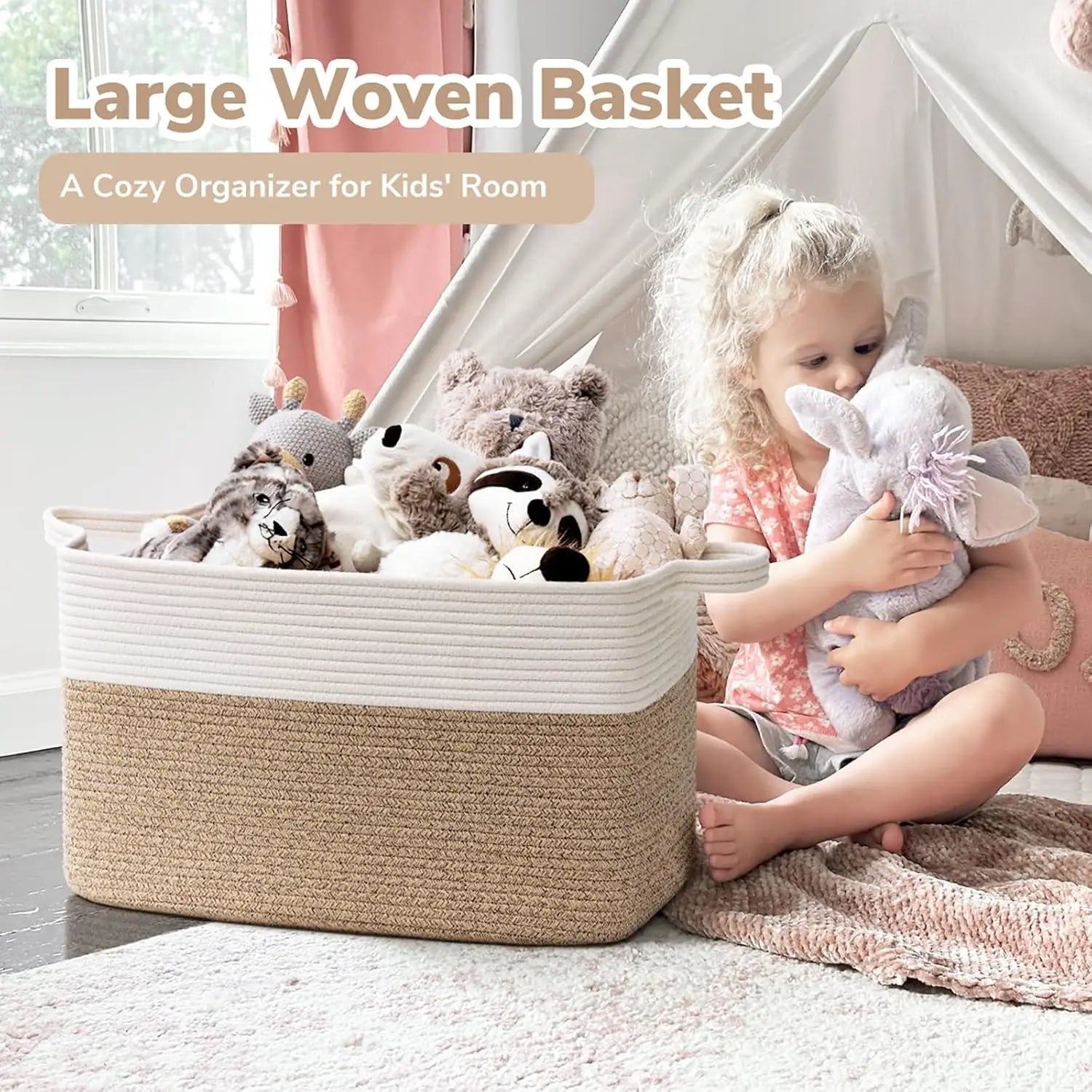Laundry Basket, Woven Storage Baskets for Organizing, Cube Cotton rope baskets for shelves, Magazine & Newspaper Baskets