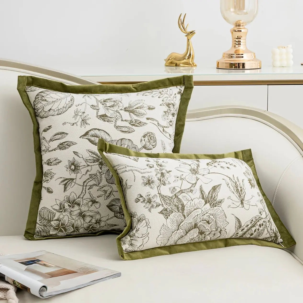 Throw pillow cover with green flower and branch patterns, suitable for living rooms, bedrooms, and car seats.