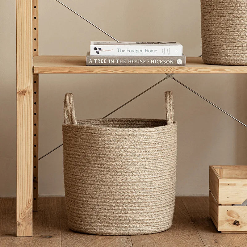 Solid White Storage Baskets Cotton Rope Home Organization Kids Toy Woven Laundry Hamper with Handles Sundries Organizer Basket
