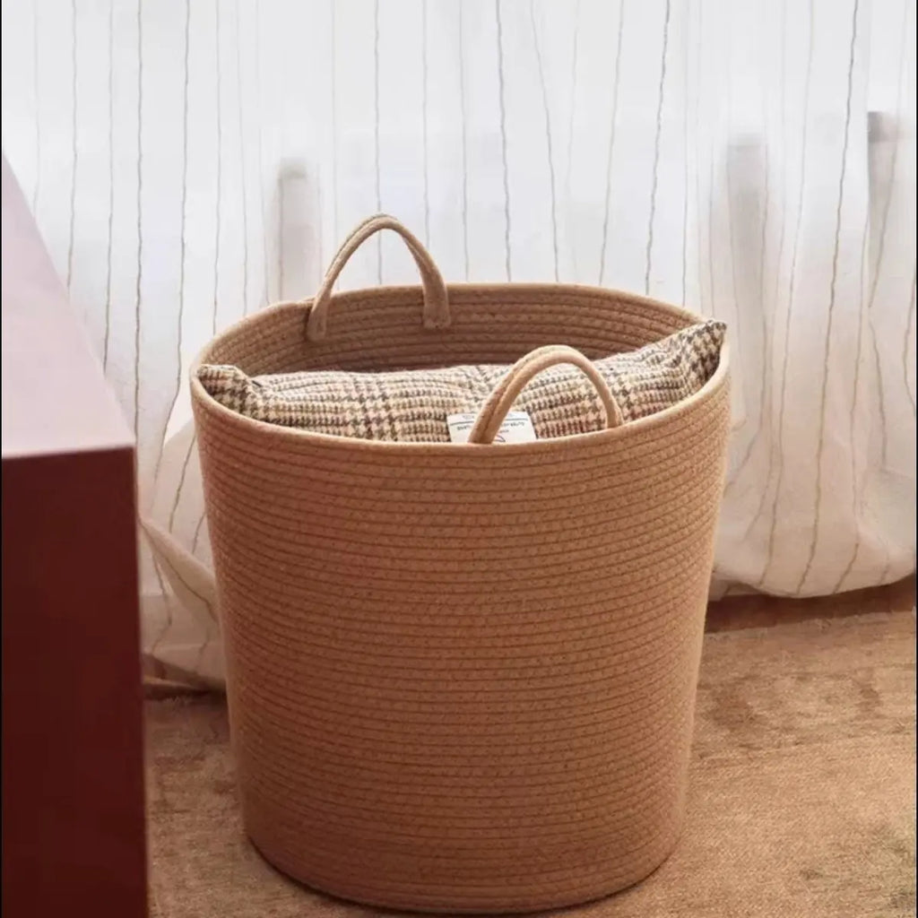 Solid White Storage Baskets Cotton Rope Home Organization Kids Toy Woven Laundry Hamper with Handles Sundries Organizer Basket