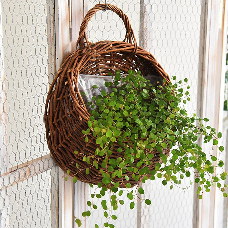 Hand Made Wicker Rattan Flower Planter Wall Hanging Wicker Rattam Basket Garden Vine Pot Plants Holder Wall Planter Home Decor