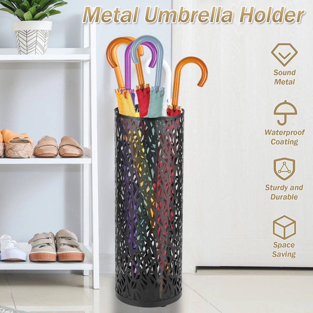 Umbrella Holder Metal Hollow Out Stand Storage Bucket Freestanding Round  Bin Waterproof Walking Sticks Rack
