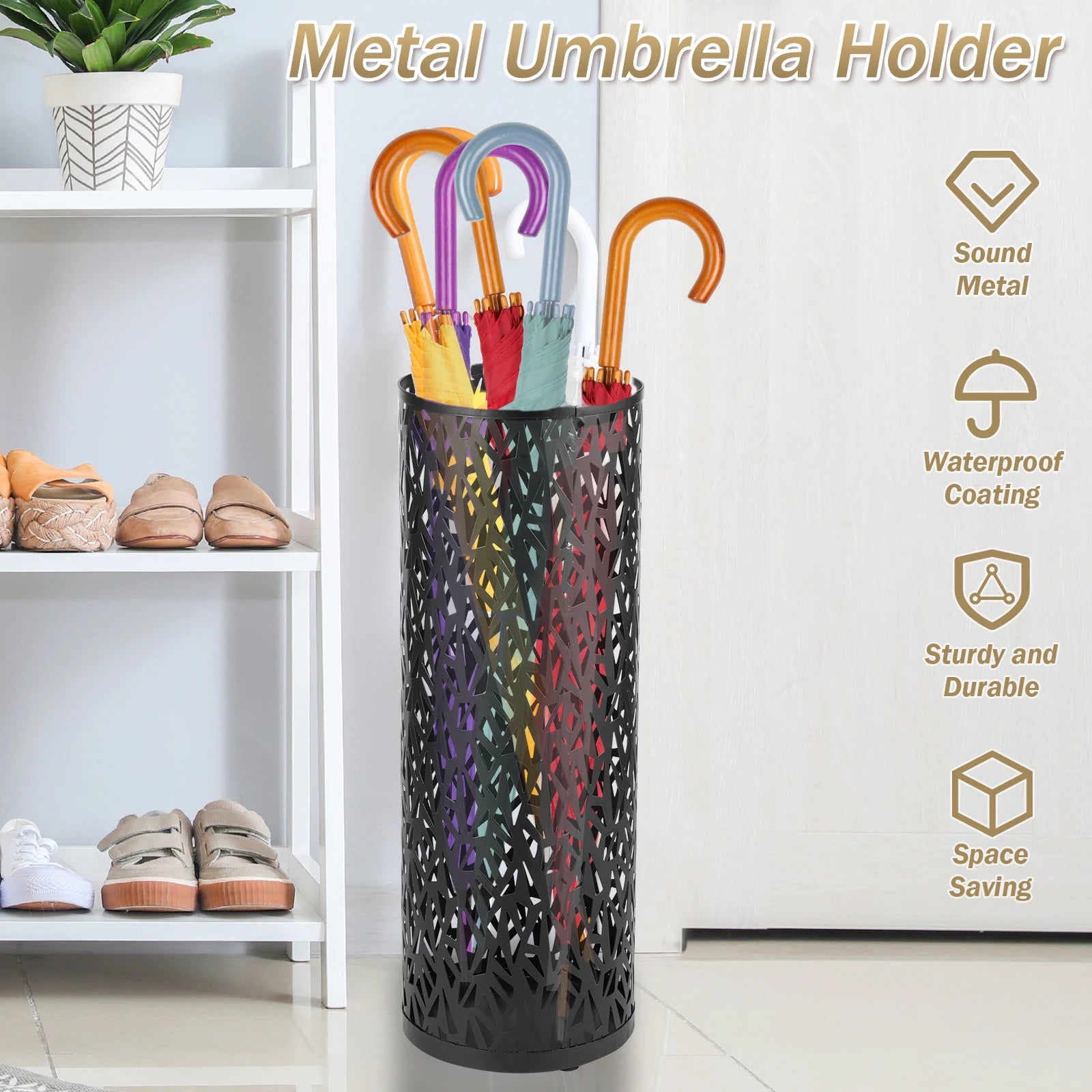 Umbrella Holder Metal Hollow Out Stand Storage Bucket Freestanding Round  Bin Waterproof Walking Sticks Rack
