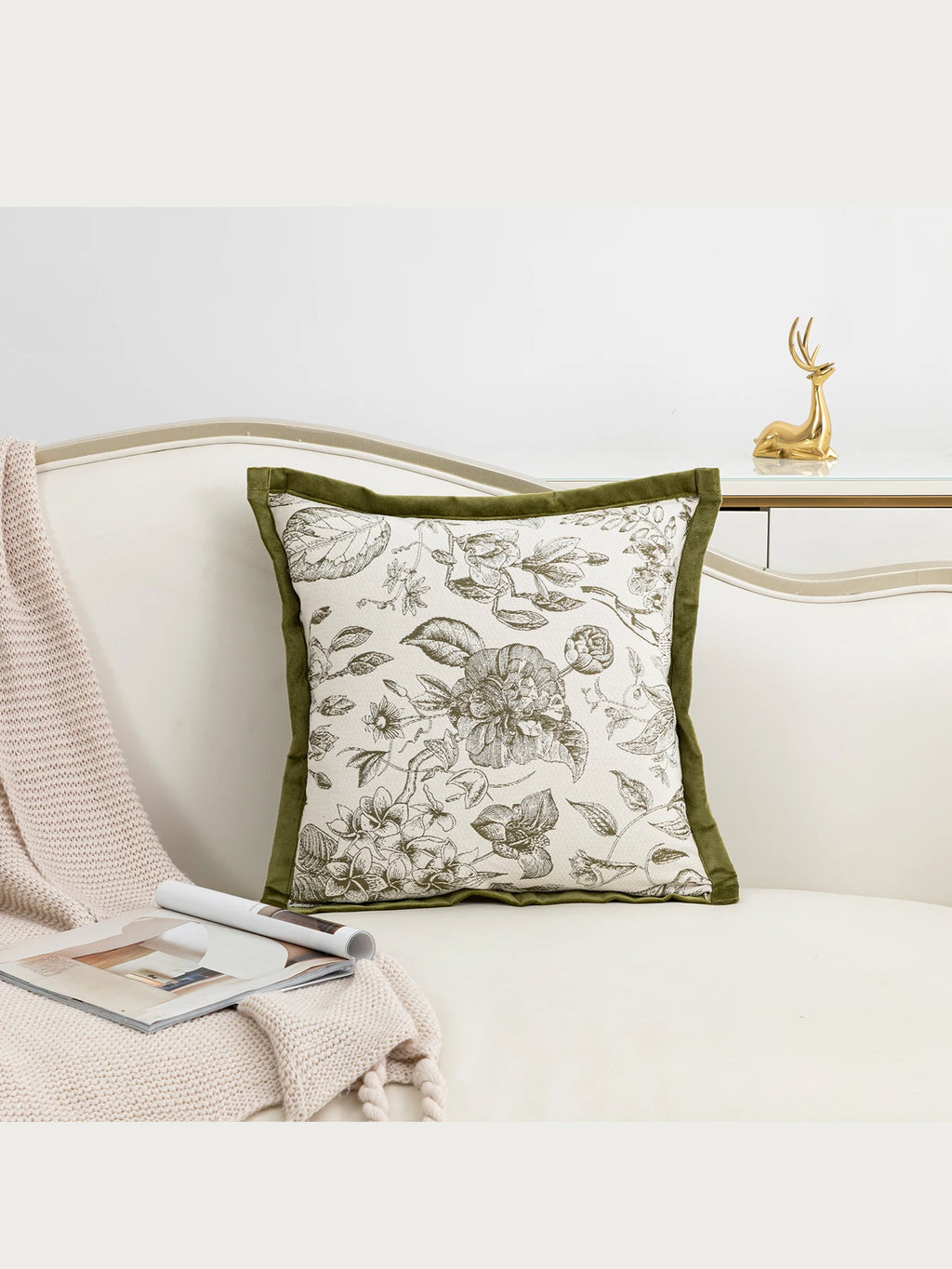 Throw pillow cover with green flower and branch patterns, suitable for living rooms, bedrooms, and car seats.