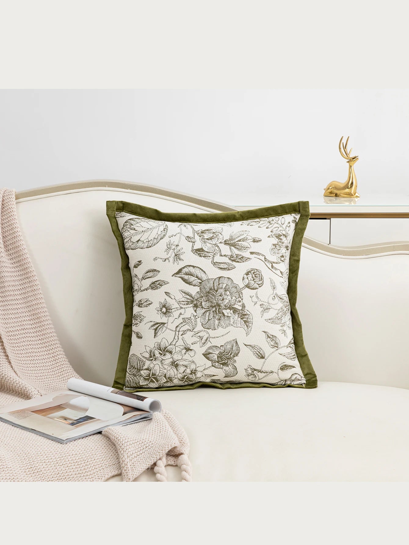 Throw pillow cover with green flower and branch patterns, suitable for living rooms, bedrooms, and car seats.